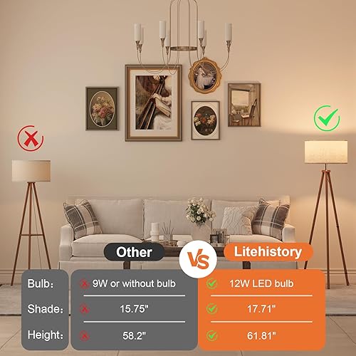 Miniatura 6 de LiteHistory Lámparas de pie con trípode de madera para sala de estar, dormitorio y oficina, lámpara de pie con pantalla de lino beige, bombilla de