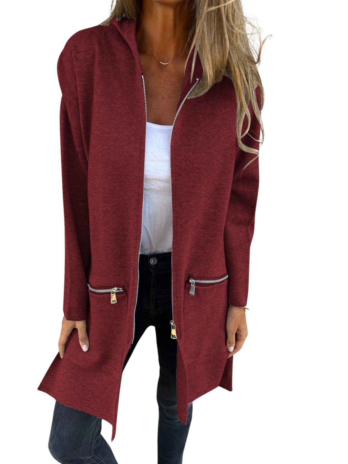 HOTYD Hooded Zip Up Jackets for Women Side Slit Solid Color Long Sleeve Long Trench Coat with Pockets