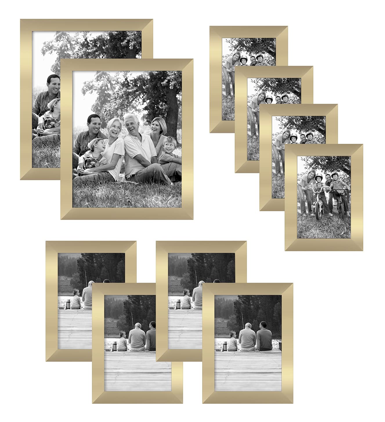 Americanflat 10-Piece Polished Brass Picture Frame Set | Includes Sizes 8x10, 5x7, and 4x6. Shatter-Resistant Glass. Hanging Hardware Included!