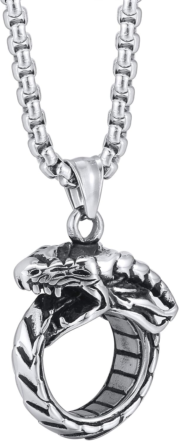 Dragon Ring Necklace for Men or Women Stainless Steel Punk Gothic Mythical Pendant With Chain Fantasy Fashion Jewelry by Ginger Lyne