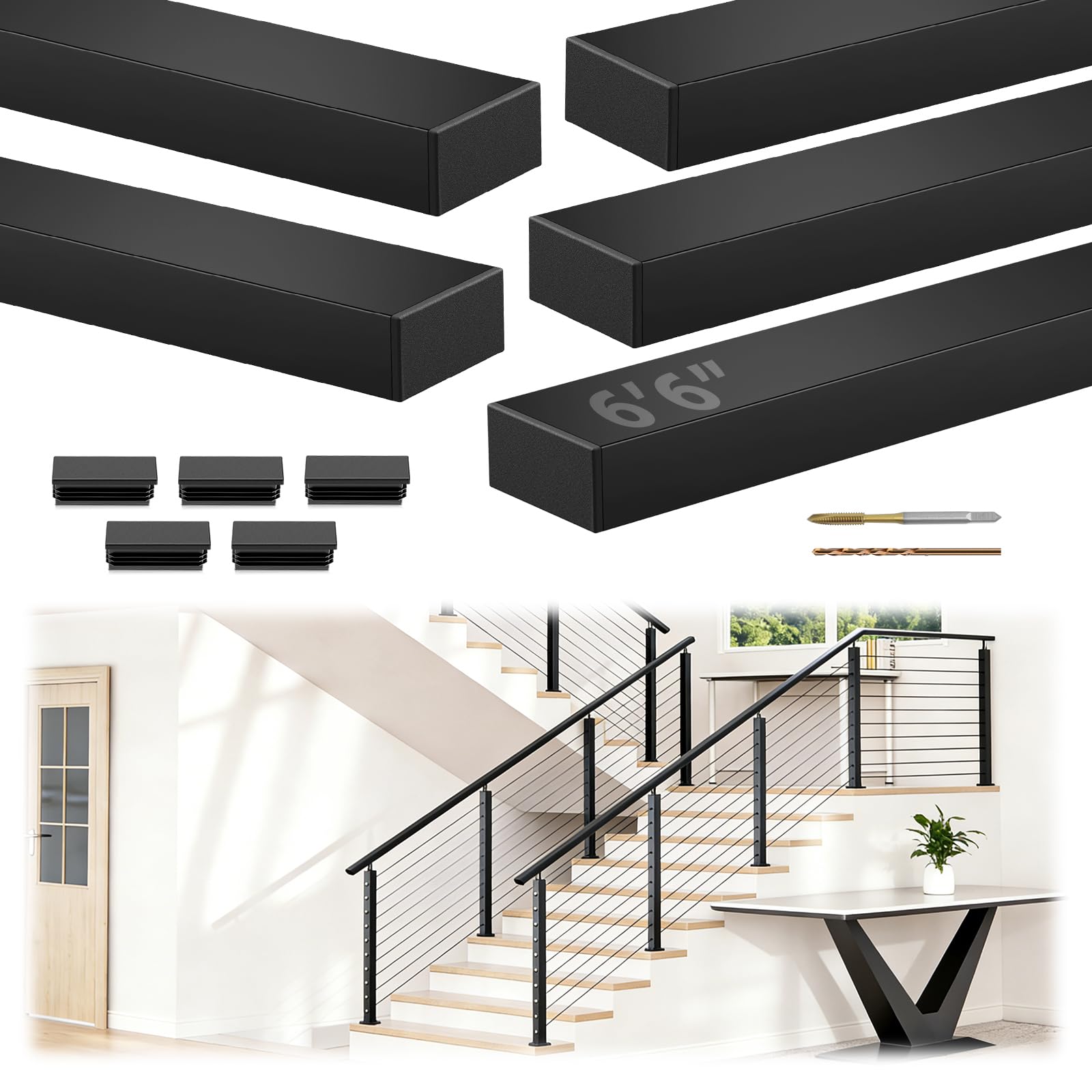 Gyykzz 6'6" Stainless Steel T304 Handrail Black, 5 Pack Cuttable Rectangular Handrail Flat Top Rail for Indoor Outdoor Deck Stair Cable Railing System