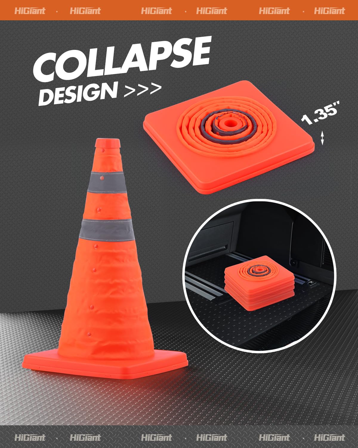 Paquete de 2 conos plegables de seguridad de tráfico de 18 pulgadas, conos naranjas, conos emergentes de uso amplio con cuello reflectante, para práctica de conducción y estacionamiento.