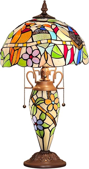 Capulina Tiffany Lamp Stained Glass Table Lamp 3-Light 12x12x23 Inches Mother-Daughter Vase Cardinal Birds Desk Lamp Decor for Home Office Bedroom Living Room Study Room