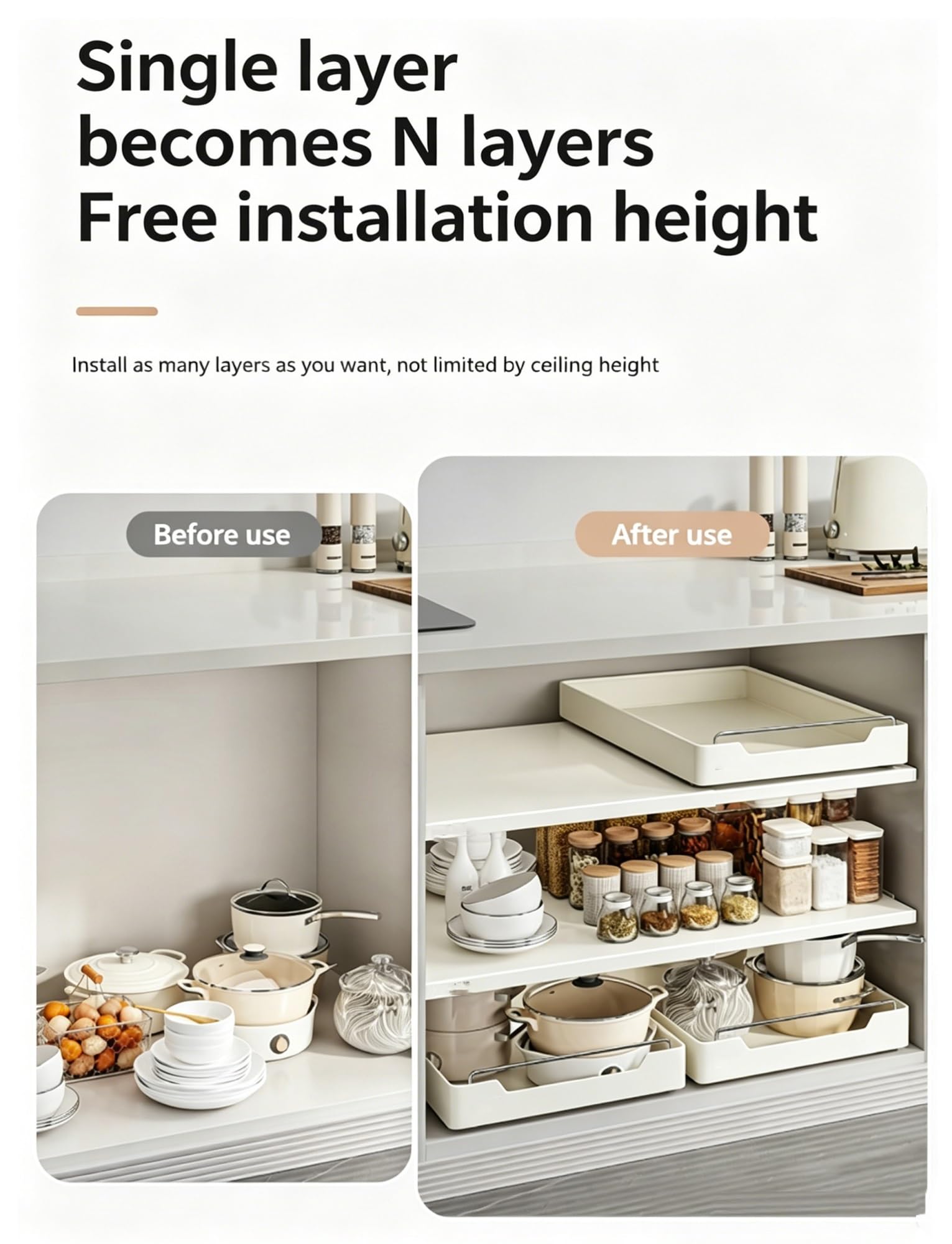 Organizer espandibile per armadietto, impilabile per cucina, design senza fori, larghezza regolabile da 11,8 a 50 cm, profondità 42,9 cm, facile installazione