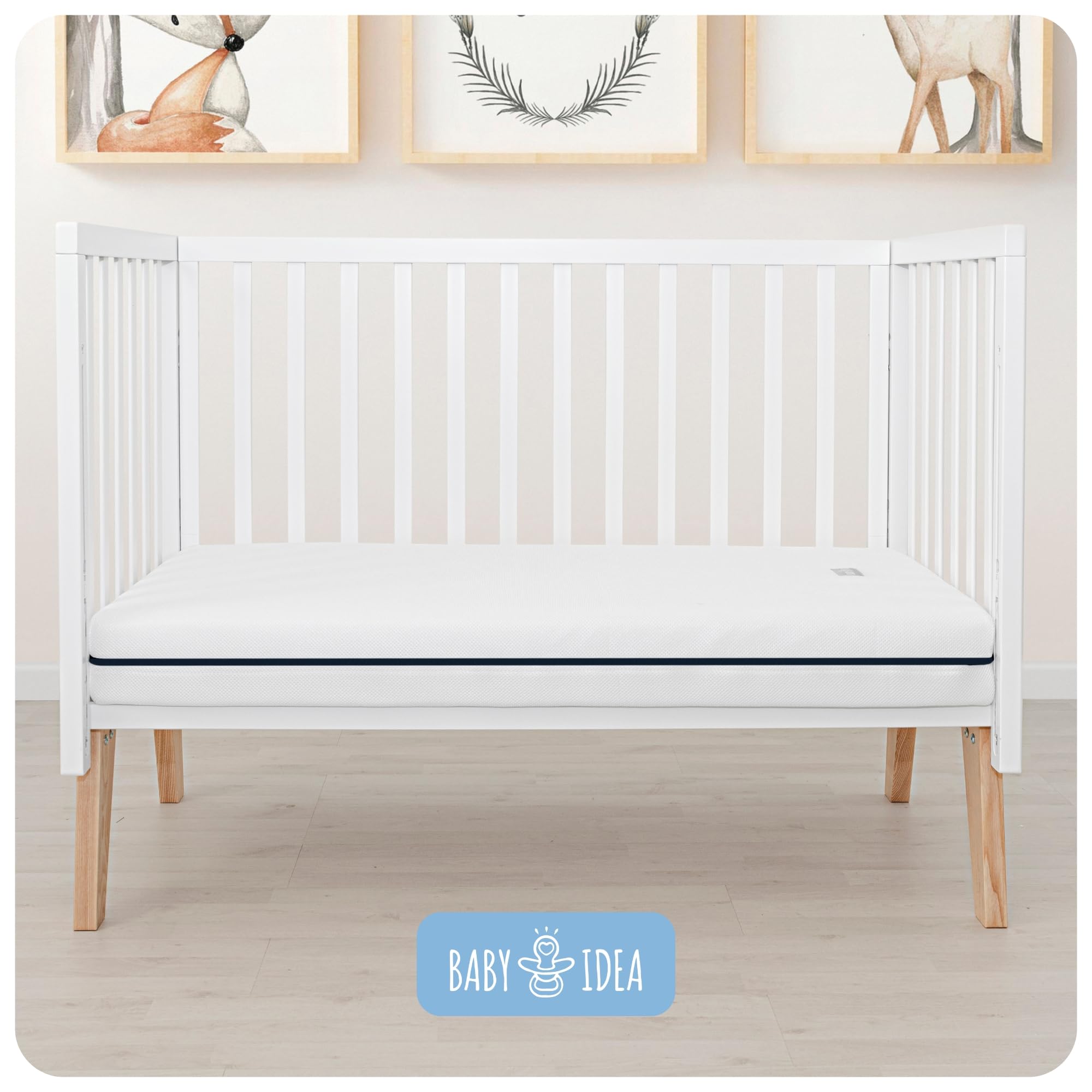 baby idea Materasso Lettino Neonato Antisoffoco Sfoderabile a Norma EN16890:2017+A1:2021 Lavabile Materasso Culla Neonato Ipoallergenico, Ergonomico per tutte le Stagioni (Bianco/Blu, 64x124)