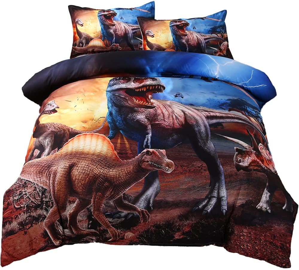 ADASMILE A & S Dinosaur Bedding Full for Kids Dinosaur Bed Set 3D Dinosaur Duvet Cover Blue Lightning Storm Printed Dinosaur Comforter Cover with 2 Pillowcases Dinosaur Quilt Cover for Boys Room Decor