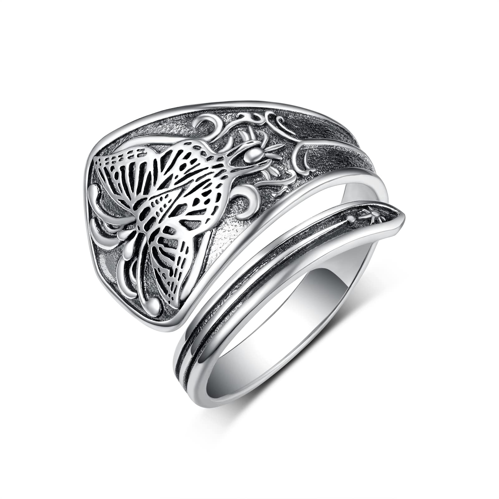 CVRAVOVintage Butterfly Spoon Ring 925 Sterling Silver Adjustable Oxidized Spoon Rings Wrap Around Open Ring Thumb Statement Jewelry for Women Mom