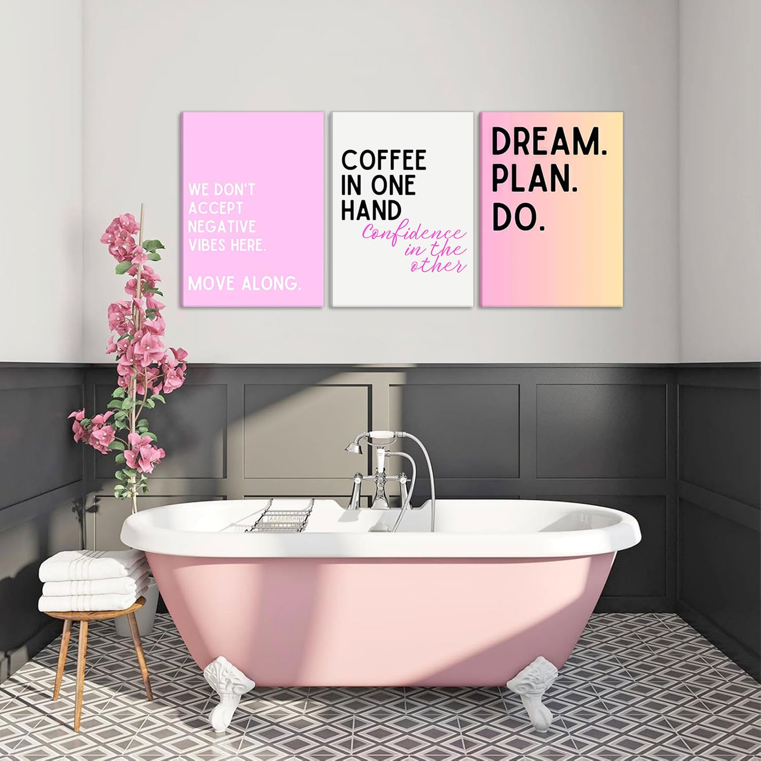 3 lienzos motivacionales femeninos rosados para pared, arte inspirador para la oficina, decoración de pared, imágenes con texto en inglés "We Don't Accept Negative Vibes Here Move Along", pósteres