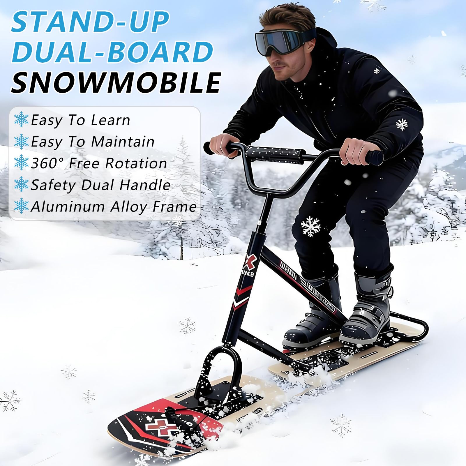 Sci/Monopattino da Neve Avanzato, Sci da Neve per Adulti con Rotazione A 360°, Motoslitta per Adulti A Doppia Tavola, Slitta da Snowboard con capacità di 330 Libbre Black