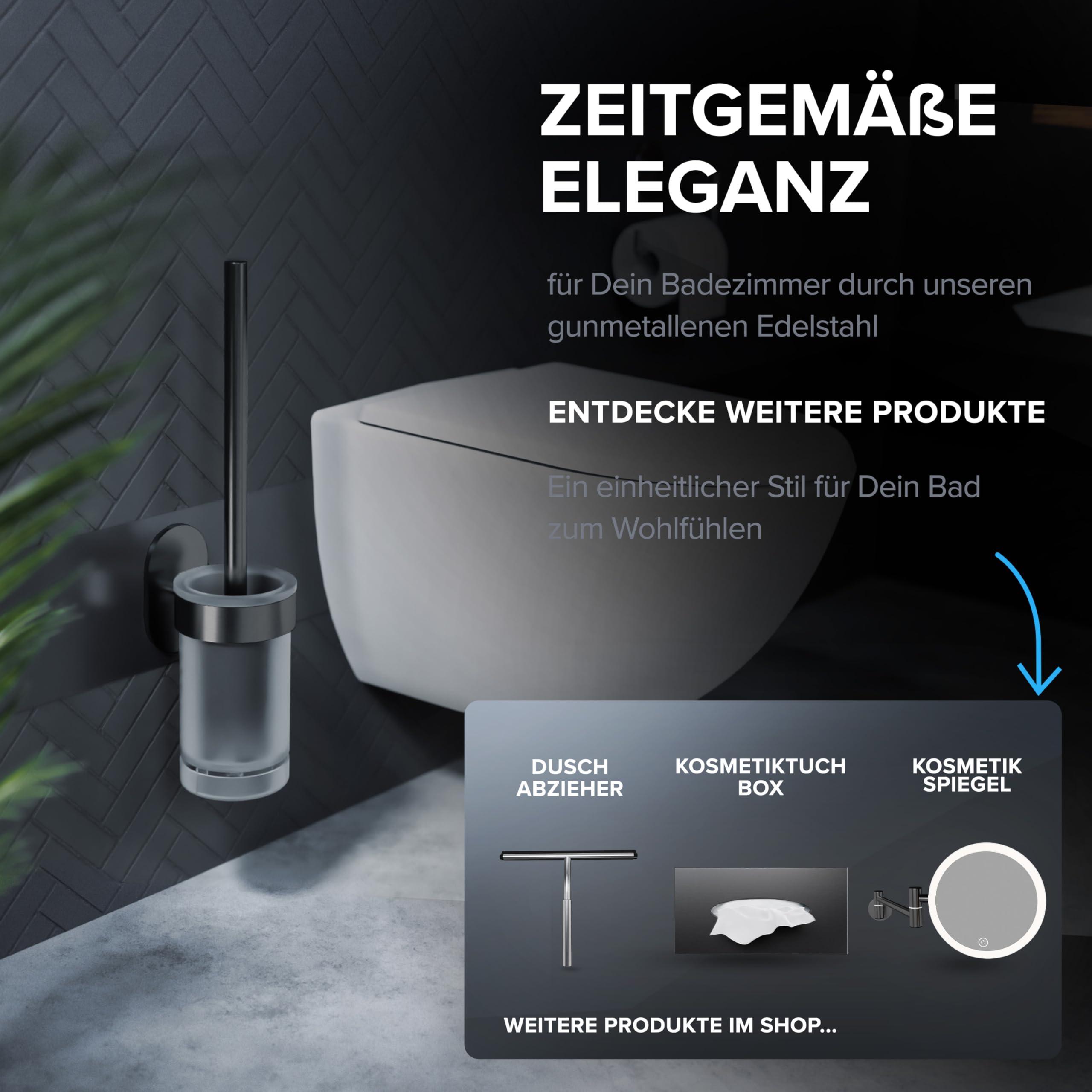 ovimar Glittertind szczotka toaletowa Gunmetal | uchwyt ścienny bez wiercenia | silikonowa szczotka do WC z funkcją wentylacji | do klejenia | ze stali nierdzewnej | wymienna głowica szczotki do WC