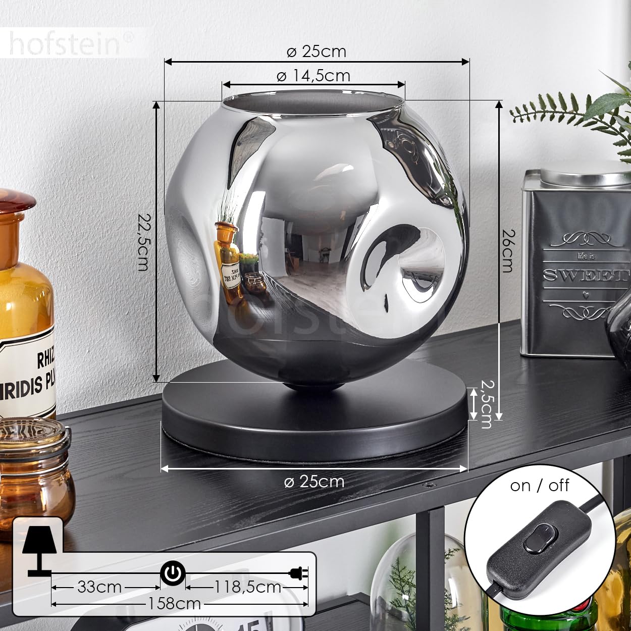Tischleuchte Ripoll, Tischlampe aus Metall/Glas in Schwarz/Chromfarben, Leuchte im modernen Retro/Vintage-Design mit Schirm aus Glas (Ø 25 cm) u. An/-Auschalter am Kabel, 1 x E27, ohne Leuchtmittel
