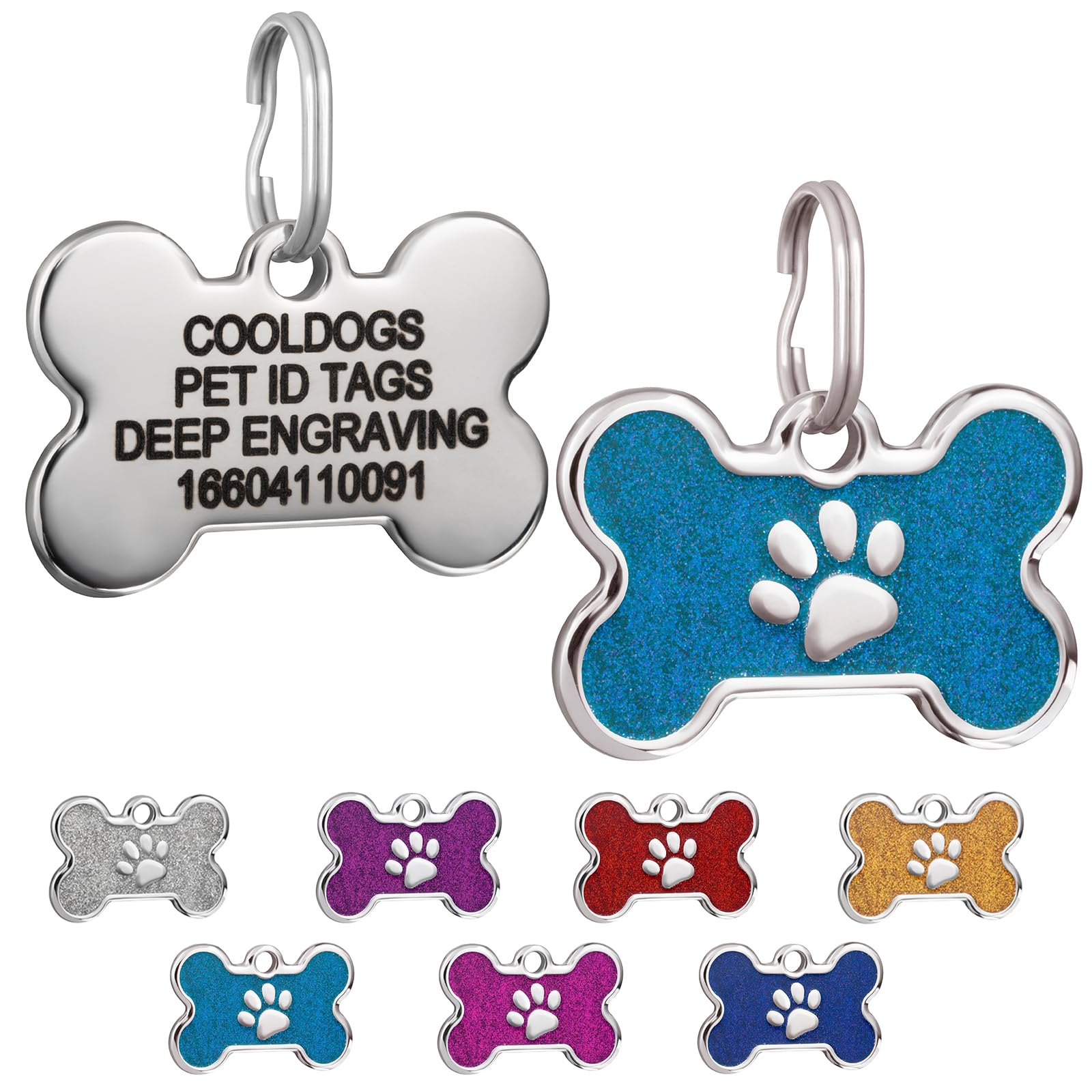 CoolDogs Paw Print Stainless Steel Glitter Pet ID Tags for Dogs and Cats, Personalized Dog Tag, Cat Tag, Dog Name Tags, Cat Name Tags with Custom Engraved ID on The Back Side (Aqua, Small)