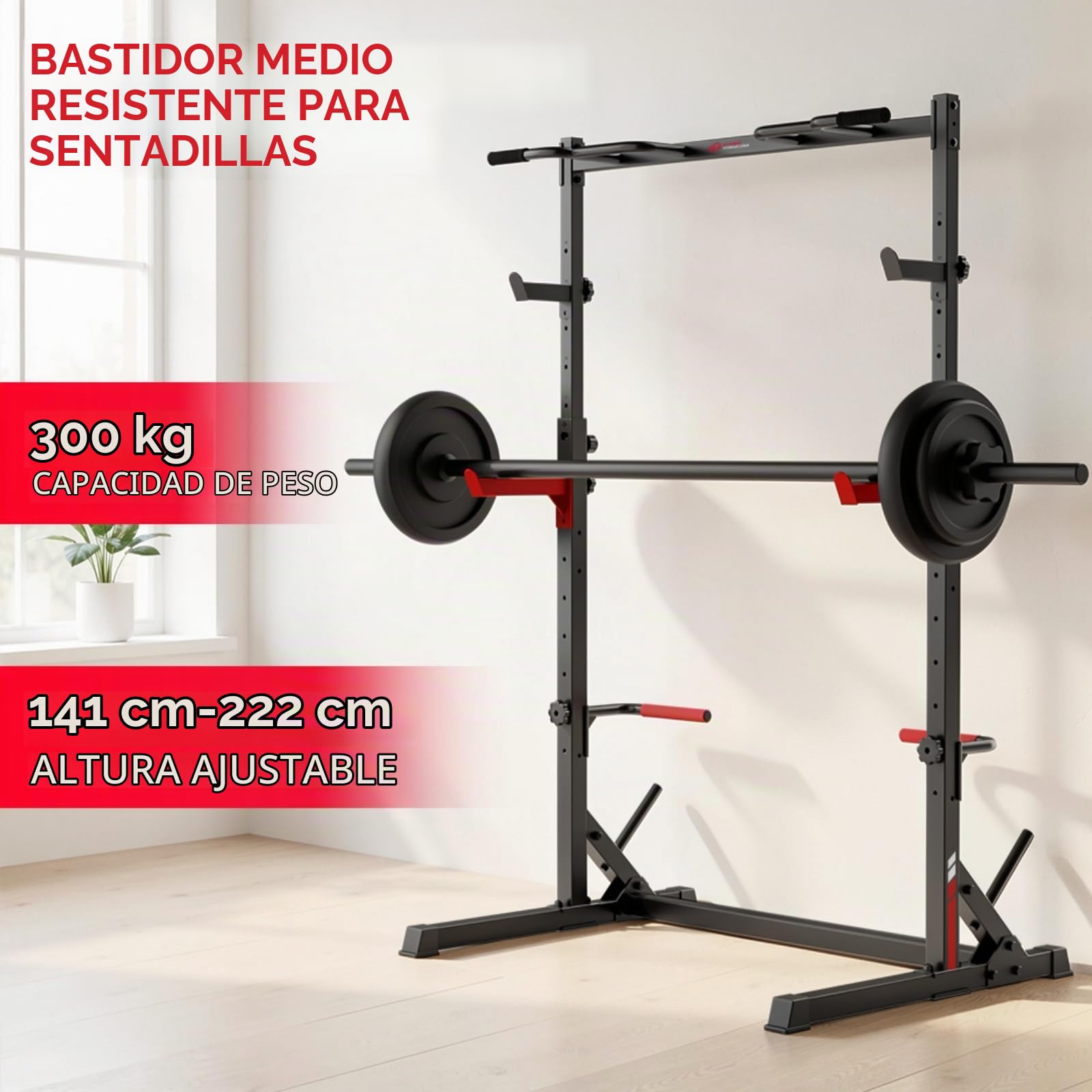 Rack de Sentadillas Multifuncional con Barra de Dominadas, Soporte Totalmente Ajustable, Capacidad de Carga 300 KG, Jaula de Potencia de Acero Reforzado para Entrenamiento de Fuerza en Casa