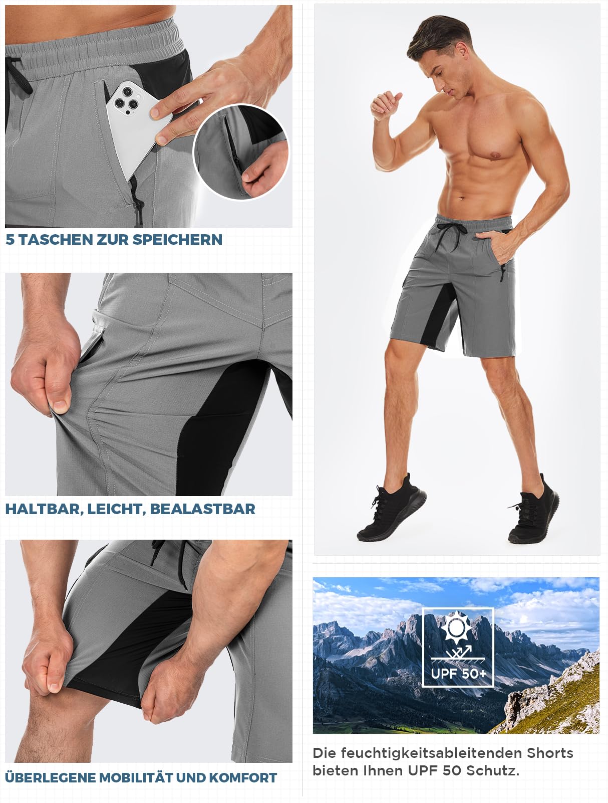 Wespornow Bermuda para Hombre con 5 Bolsillos, Pantalón Corto Deportivo de Secado Rápido para Deporte al Aire Libre, Elástico y Funcional para Trabajo, Senderismo y Trekking