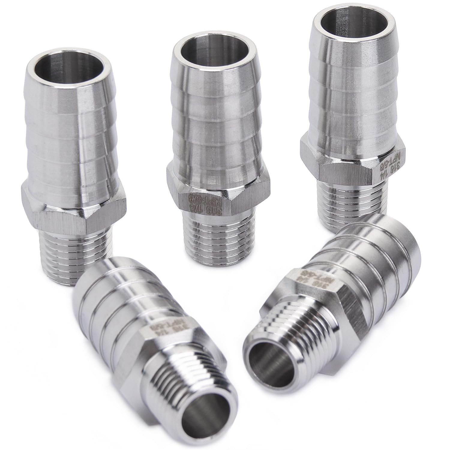LTWFITTING Bar Production Stainless Steel 316 Barb Fitting Coupler/Connector 5/8" Hose ID x 1/4" Male NPT Air Fuel Water (Pack of 5)