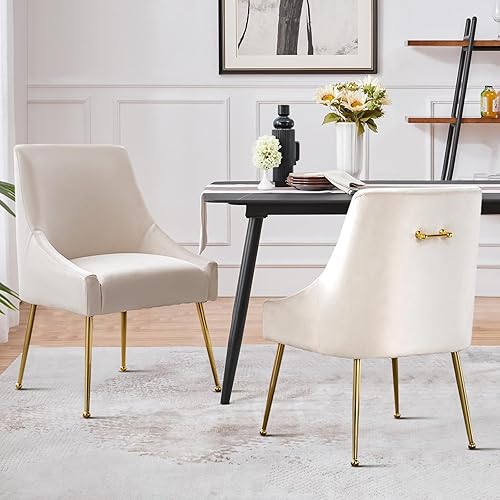 Miniatura 2 de Mid-Century - Juego de 2 sillas de comedor modernas de terciopelo, sillas decorativas tapizadas con mango dorado y patas de metal pulido para