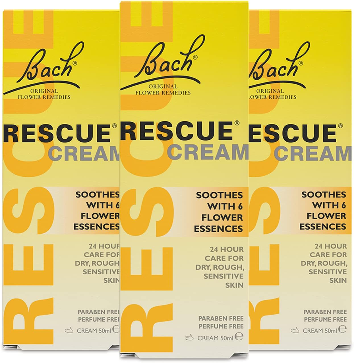 GB Rescue Cream 50ml 3 Pack Bundle, 24 Hour Moisturising Cream with Flower Essences for Emotional Wellness and Balance, Fragrance Free, Only for Skin, 3 x 50 ml
