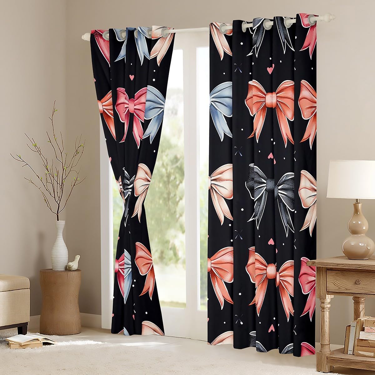 Princess Bow Curtains Blackout 30%-50%,Cartoon Dreamy Bowknot Pink Blue Black Window Drapes,Fairy Tale Girly Bow-tie Graffiti Starry Window Treatment Grommet Top 2 Panels Decor,52Wx96L