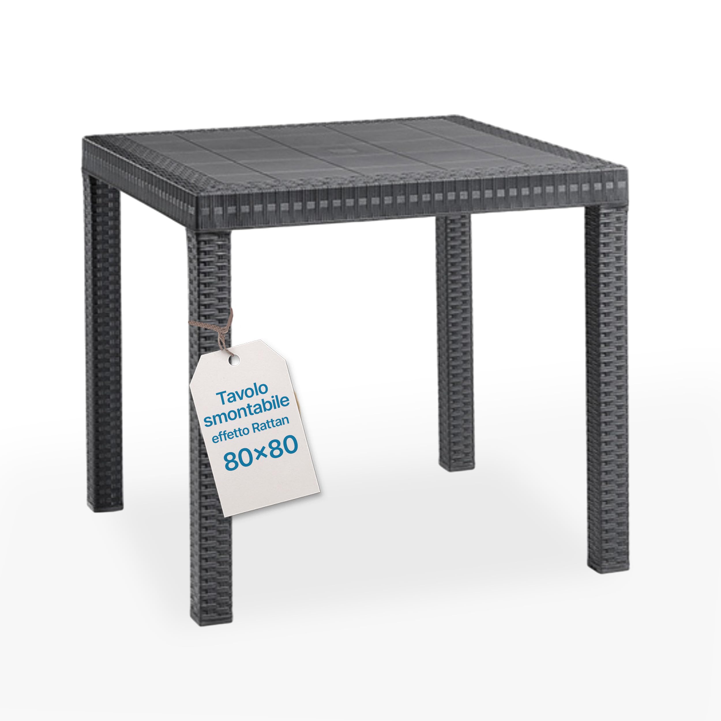 Tomaino - Tavolo da giardino in plastica, quadrato per esterno effetto Rattan, 4 posti, pranzo, bar, balcone (Nero)