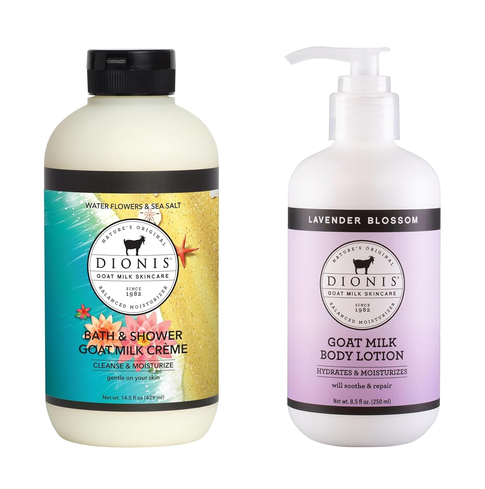 Dionis Goat Milk Body Care Duo – Water Flowers & Sea Salt Shower Crème + Lavender Blossom Moisturizing Body Lotion, Hydrating Skincare for Sensitive & Dry Skin