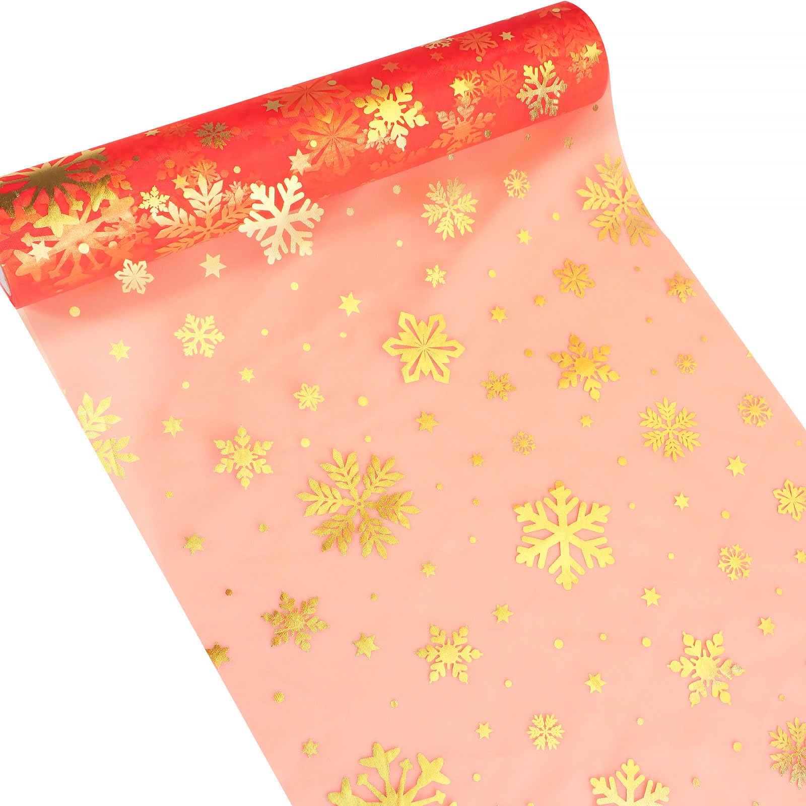 GEBETTER Camino de Mesa Navidad 30 cm x 9 m Copos de Nieve Doradas Plateadas Organza Decoración Mesa Adorno Árbol Navideño Silla Puerta Manualidad Regalo Fiesta (Rojo Copos de Nieve Oro Plata)