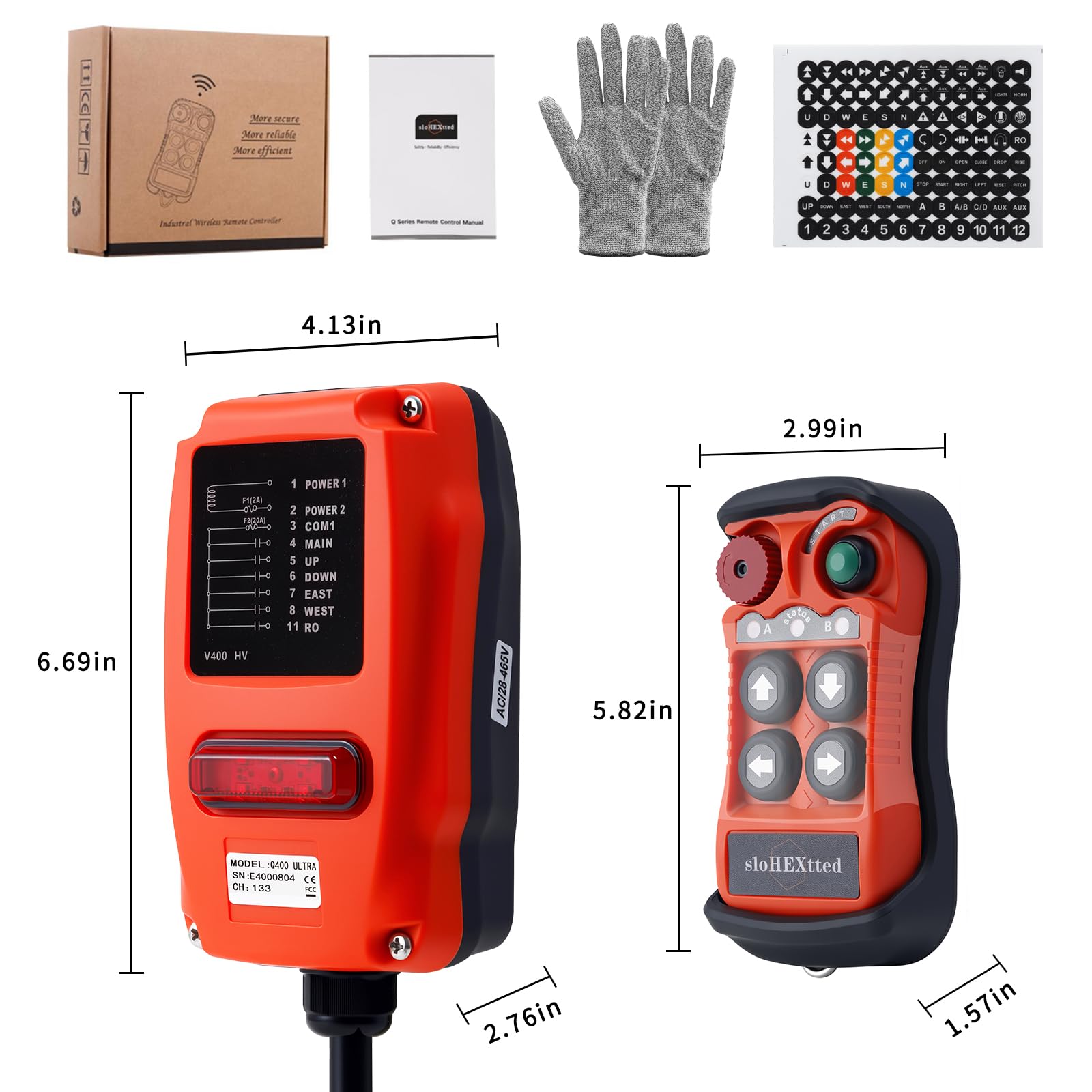 Telecomando industriale wireless a 4 pulsanti per gru e paranco elettrico 28-465V 2T1R | Trasmettitore e ricevitore radio per paranco elettrico a catena e carroponte con pulsante di arresto di emergenza.