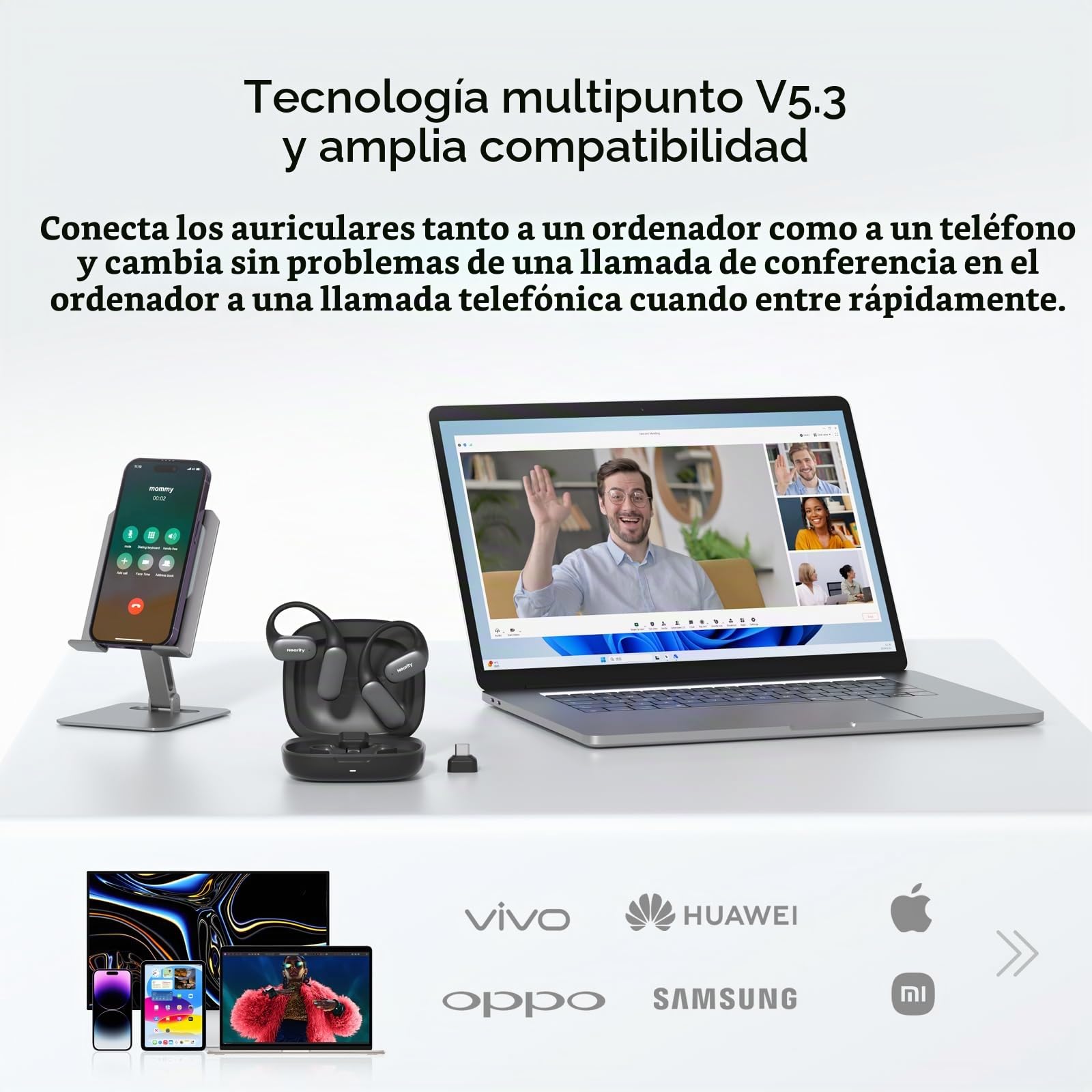 NEARITY MemPod Fit 2 Auriculares Open-Ear Bluetooth, Dongle, Doble Conexión | Bajos Profundos, 45H de batería con Estuche,Ultra Comodidad, Conducción Aérea, para Teléfono/Mac, Negro