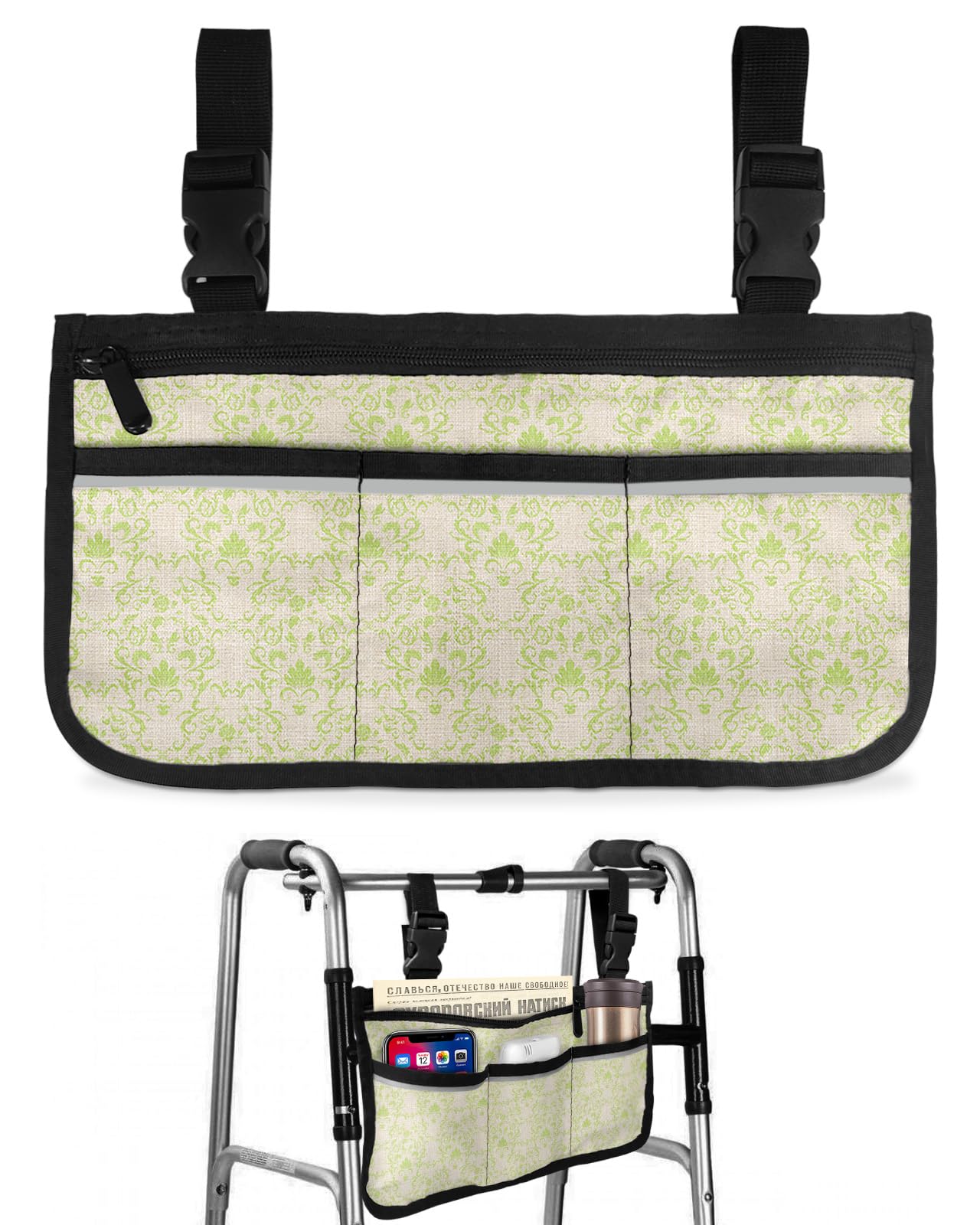 Green Baroque Wheelchair Side Bag Walker Bag, Abstract Art European Floral Pattern Wheelchair Accessories Armrest Pouch, Organizer Storage Bag for Walkers, Rollators, Scooters, 7.3''x13''