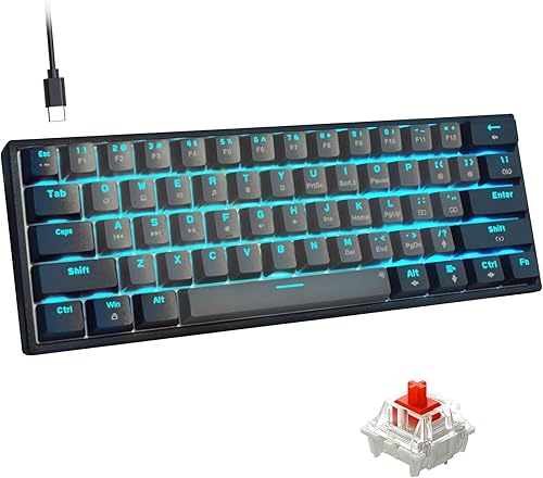 Snpurdiri Teclado mecánico para juegos con cable al 60%, retroiluminación LED azul hielo de 61 teclas, mini teclado de oficina con cable para