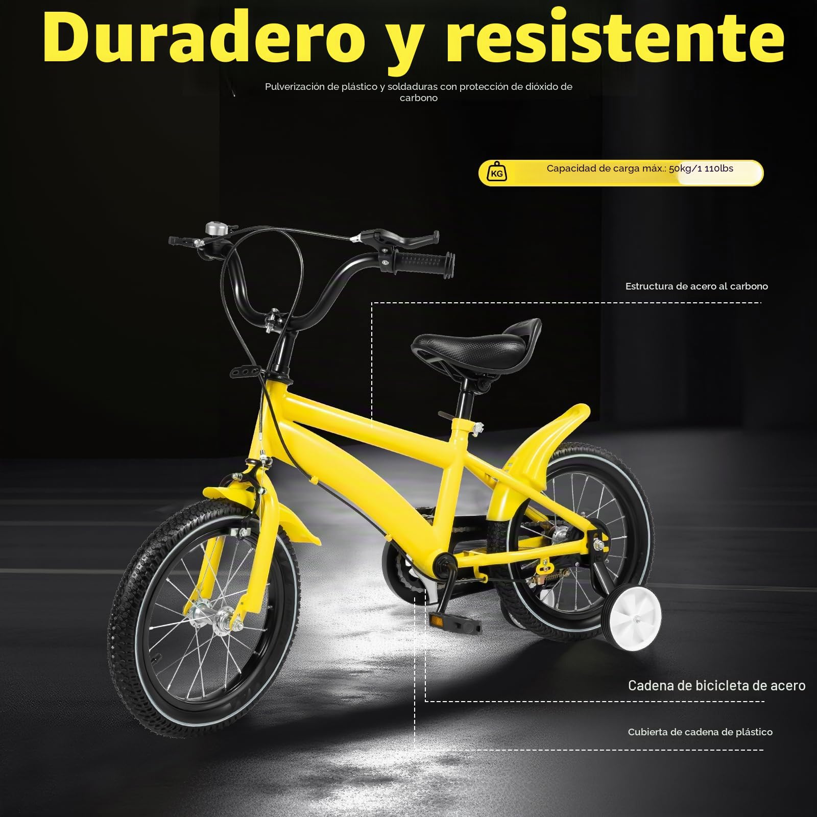 Bicicleta infantil de 14 pulgadas, para niños y niñas de 3 a 6 años, altura regulable, bicicleta para niños con ruedas estabilizadoras y sistema de frenado dual (amarillo)