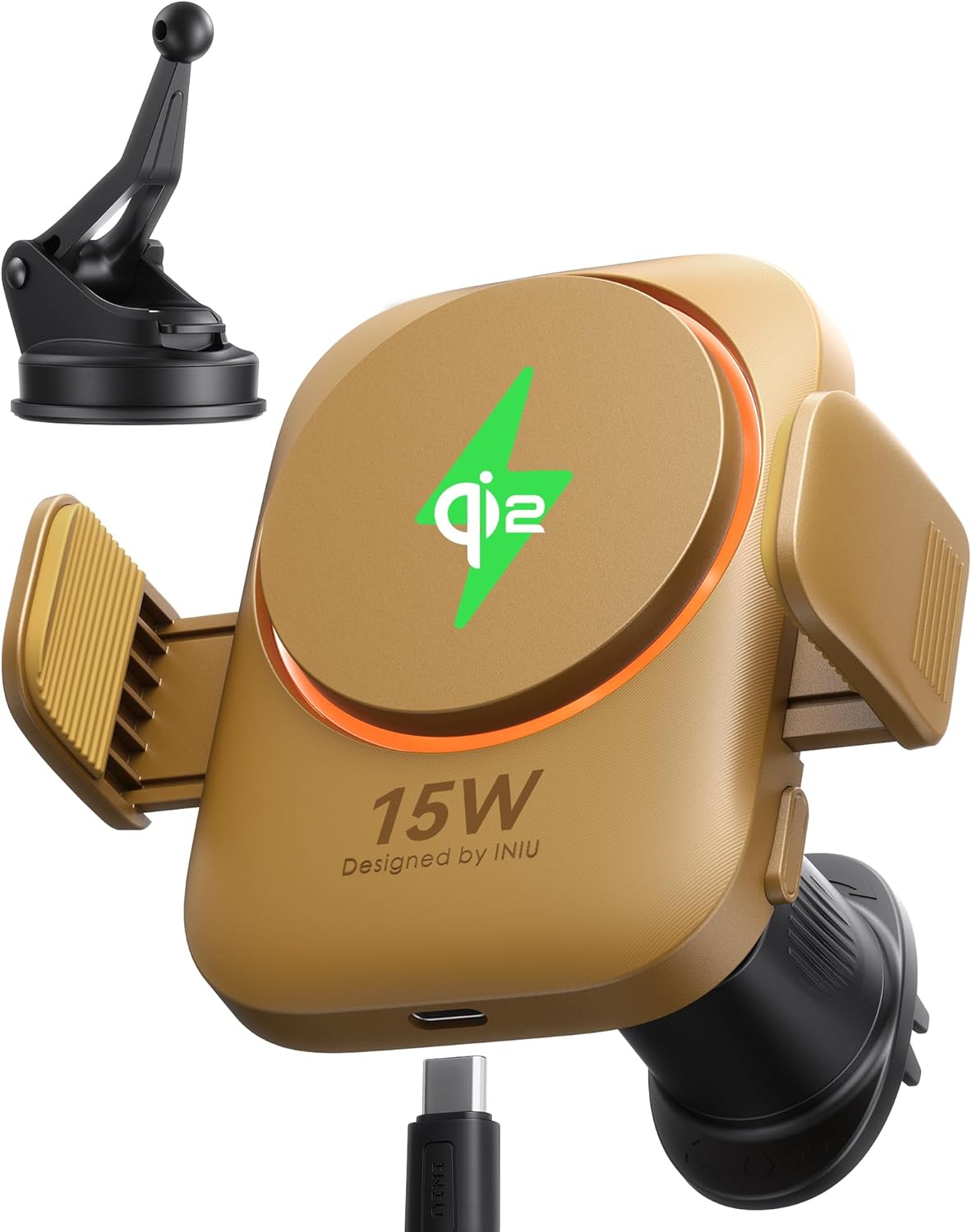 INIU Qi2 Certified 15W Car Phone Holder Wireless Charger, Ultra-Stable 22N for MagSafe Car Mount Charger with Cooling Fins & RGB Lighting for iPhone 16/15/14/13/12 Series, Yellow
