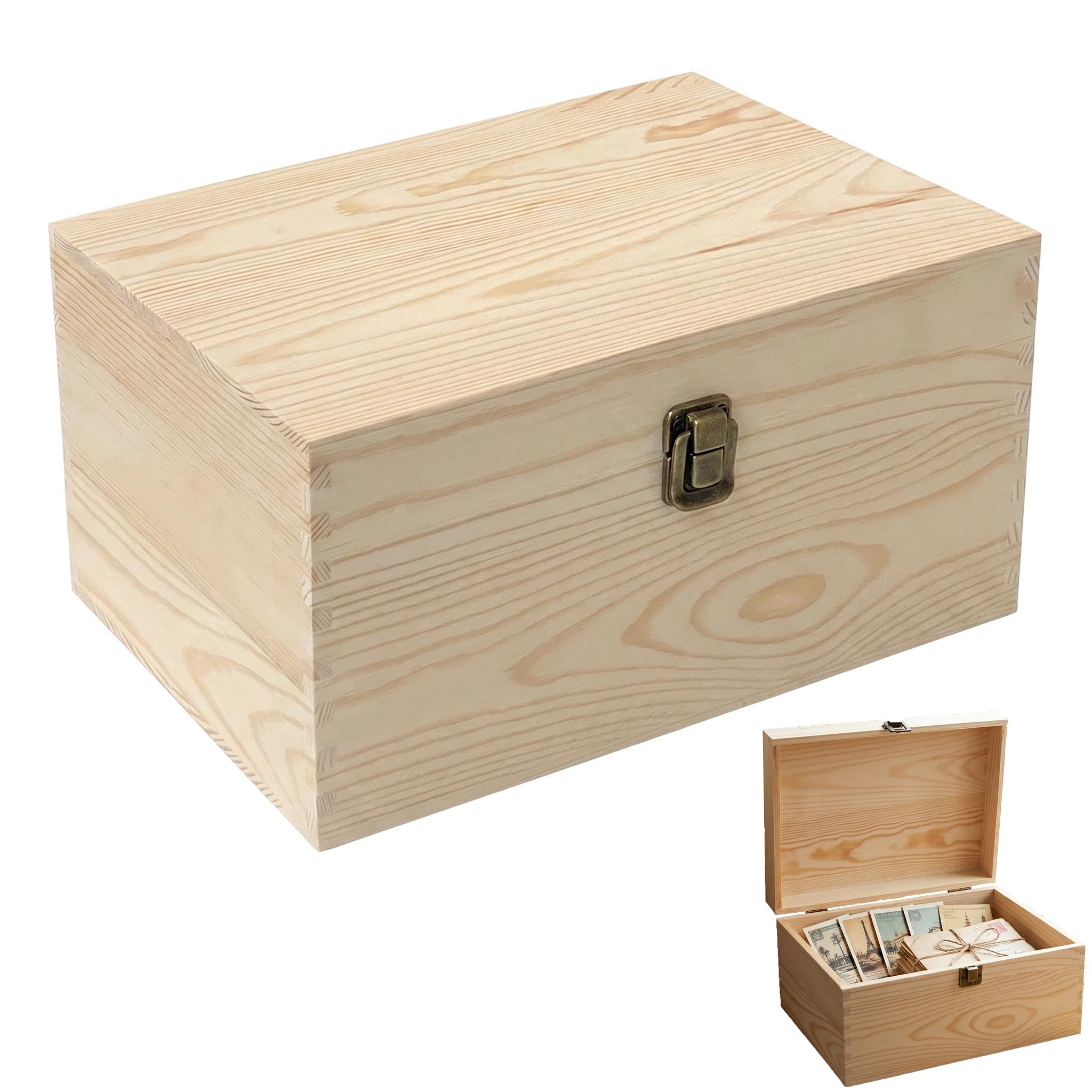 Unfinished Wooden Box with Lid, Pine Wood Small Wood Crate Boxes, 30 x 20 x 15 cm Wooden Boxwith Hinged Lid & Locking Clasp for Home Table Decoration Keepsake