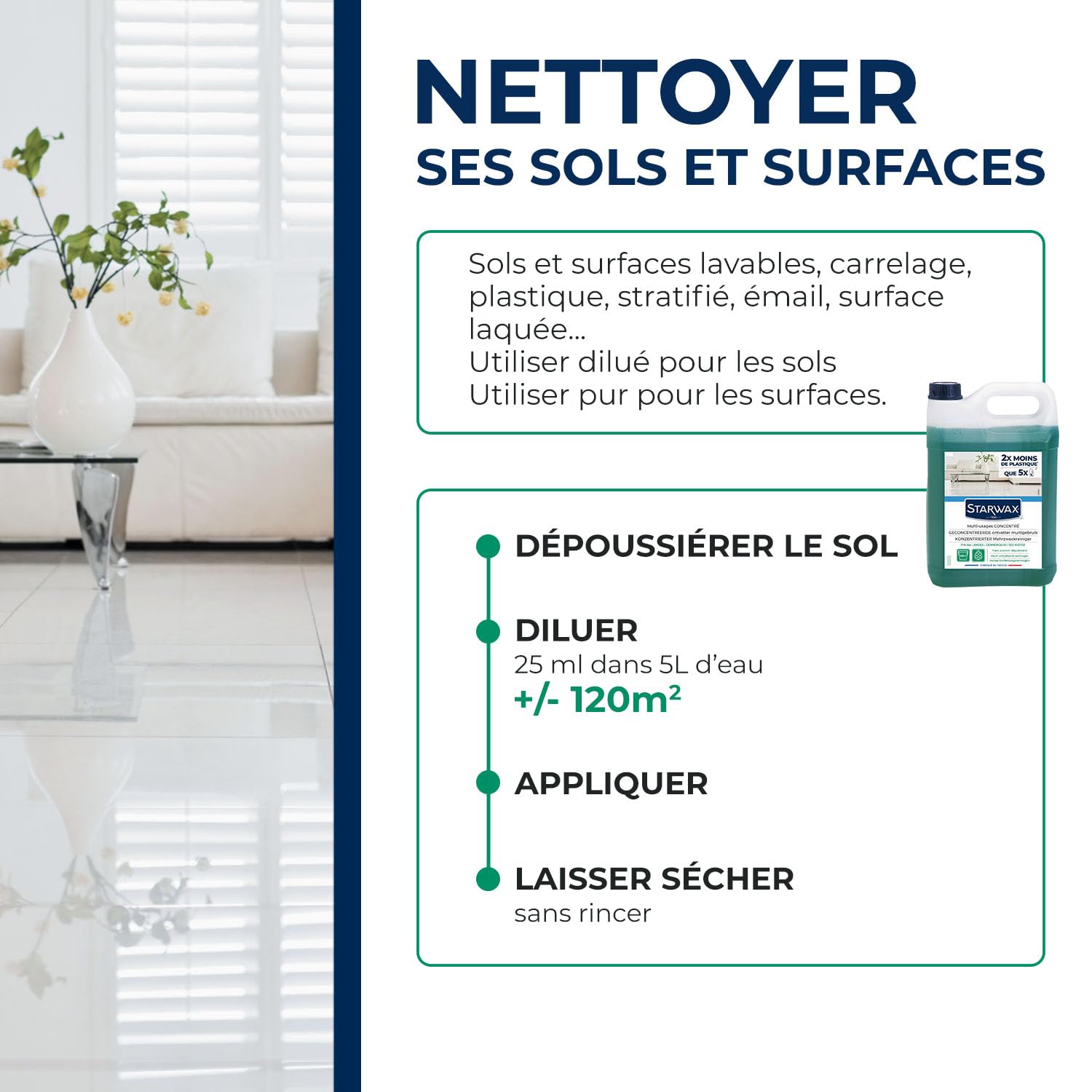 STARWAX Nettoyant multi-usages concentré parfum pin des landes 5L | Nettoie et dégraisse sols et surfaces lavables, sans ammoniaque ni javel, sans rinçage, compatible robots, grand format