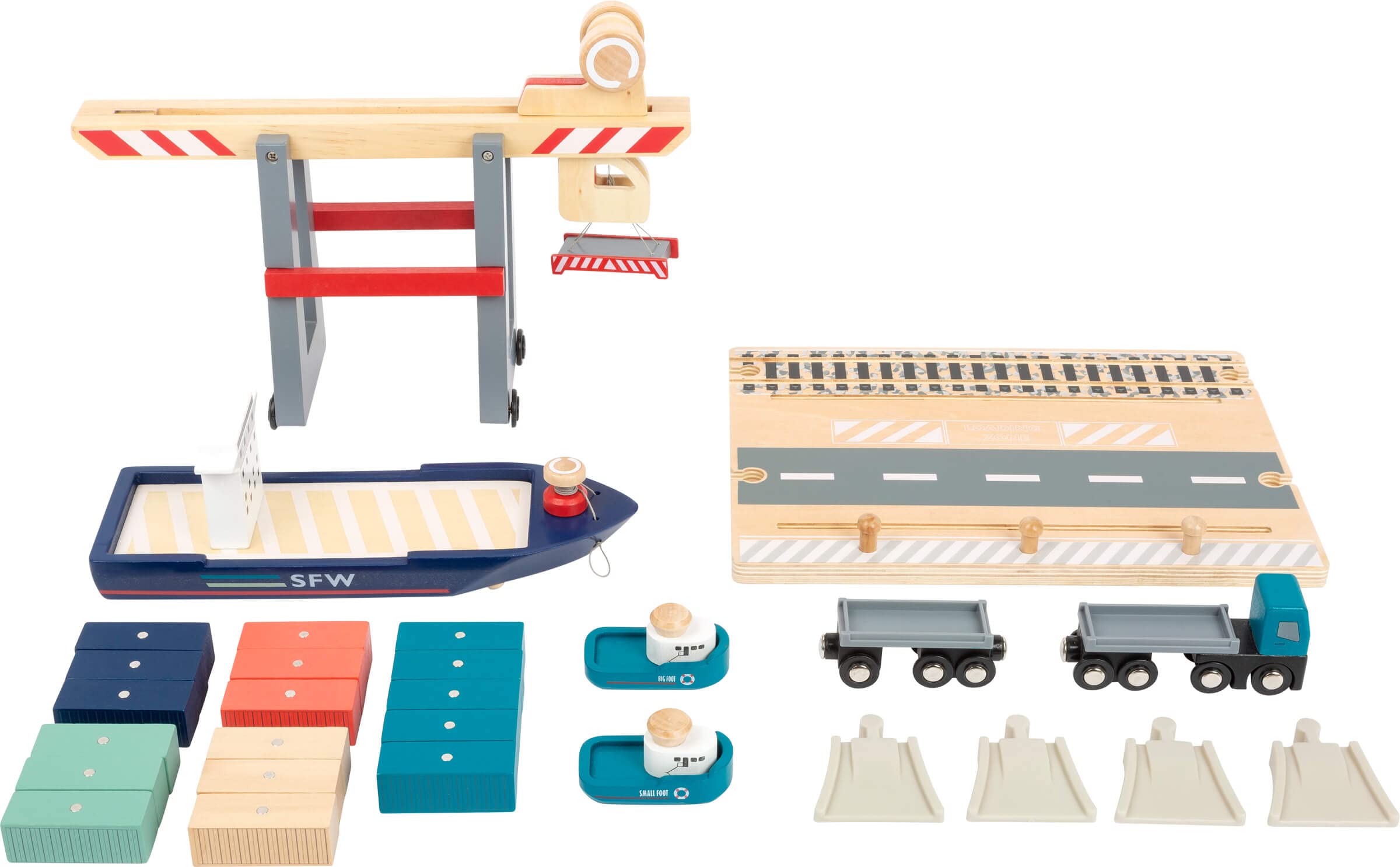 Small Foot Company- Terminal, Madera, con Puente móvil, Barco y contenedores, a Partir de 3 años de Edad Juguetes, Multicolor (11378)