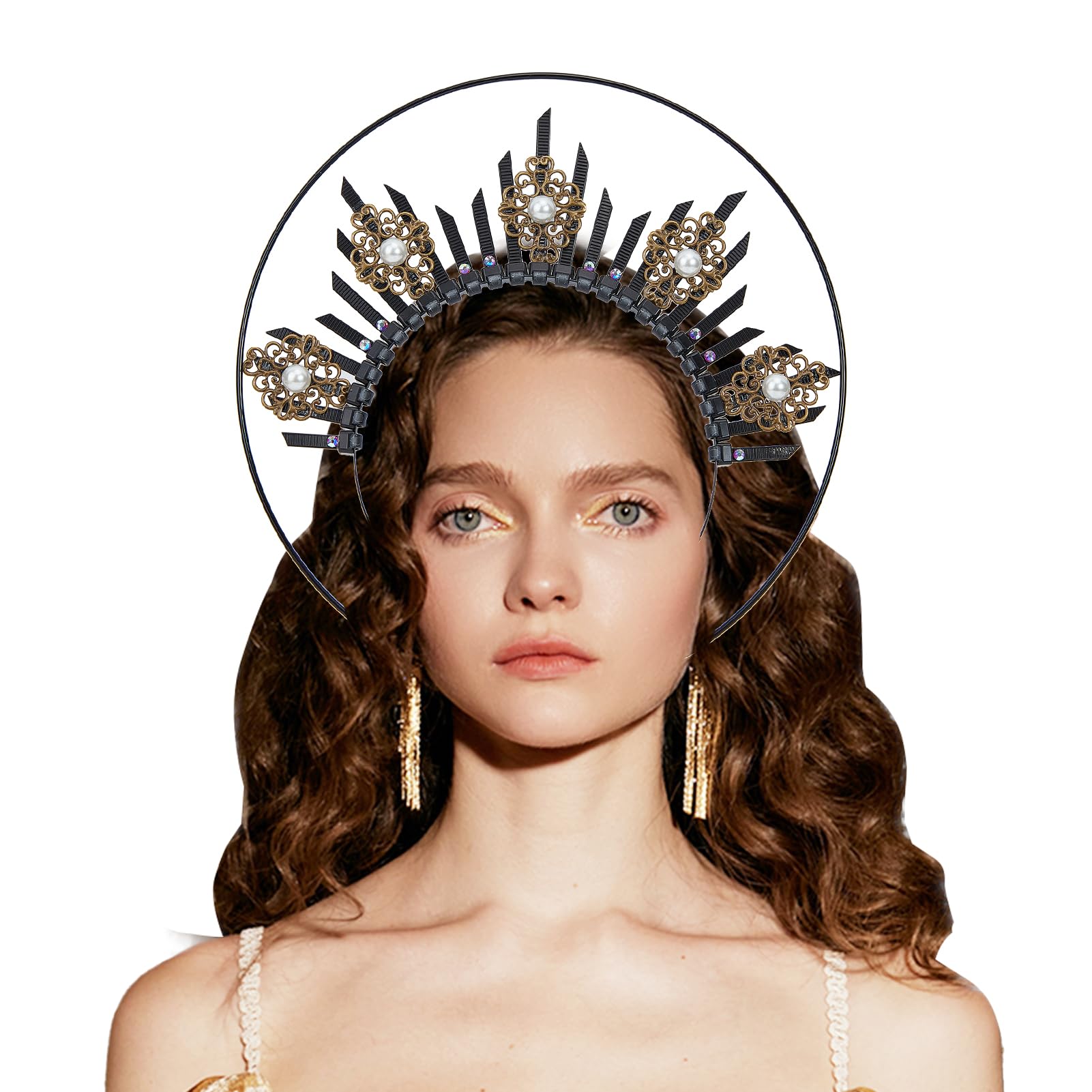 NICENEEDEDBlack Mary Halo Crown Headpiece, Spiked Zip Tie Star Crown Goddess Headdress, Queen Crown Sunburst Head Hoop Greek Goddess Headband Halloween Costume Headwear Cosplay Party Hair Accessories