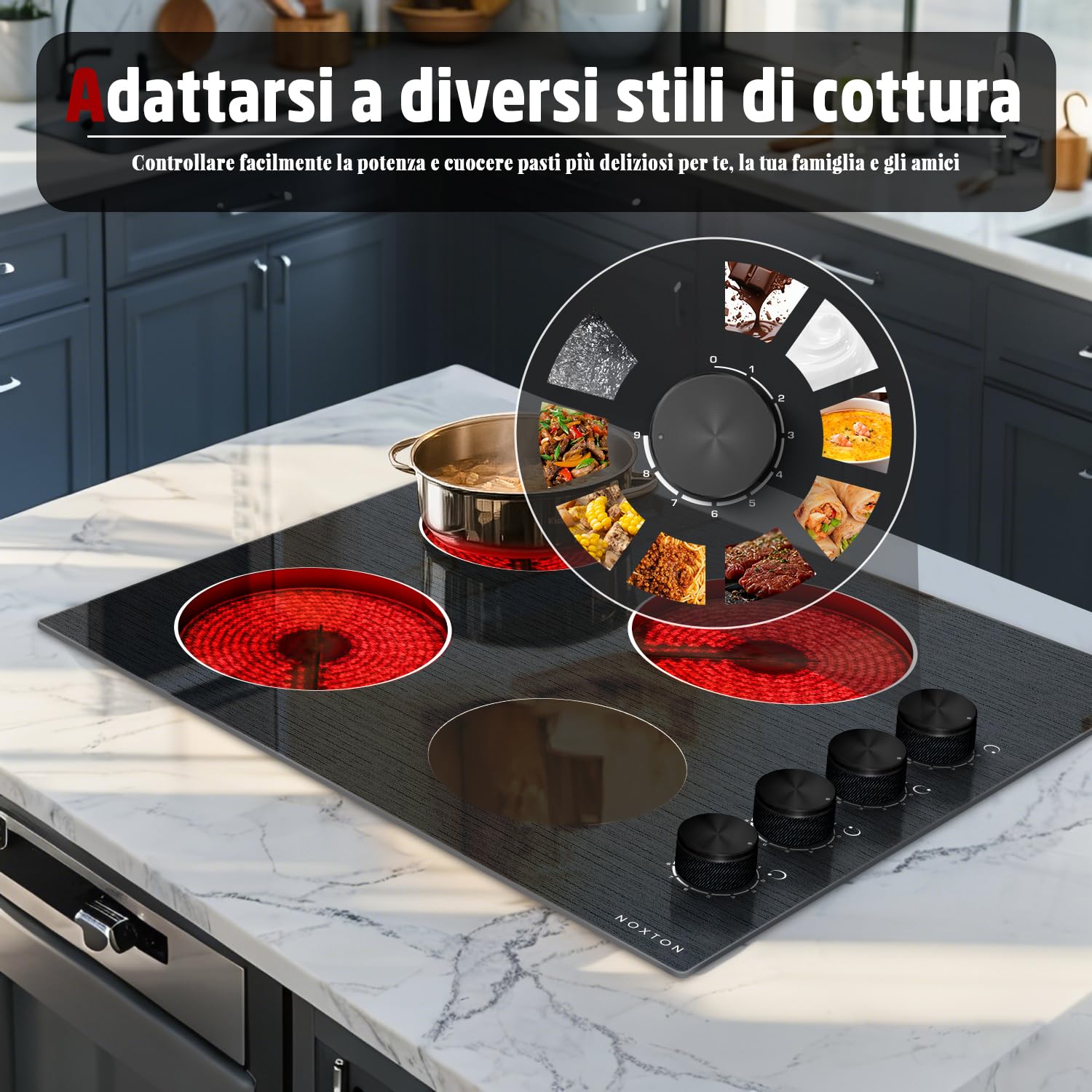 Piano Cottura Vetroceramica 4 Fuochi, 6000W Piano Cottura Elettrico 60cm | Incasso, Manopola, Piani Cottura Elettronica, Spegnimento Automatico, Vetro Cristallo, Argento Nero