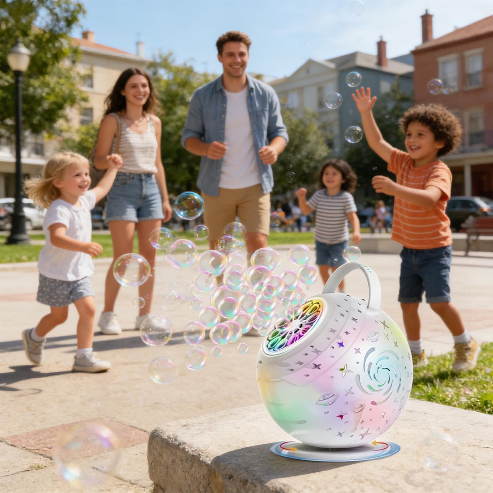 Seifenblasenmaschine für Kinder 360 Grad automatisch rotierend mit Licht | 10-Loch Bubble Maker für Kinder Für , Mädchen, Kindergeburtstag, Hochzeit, Hinterhof,