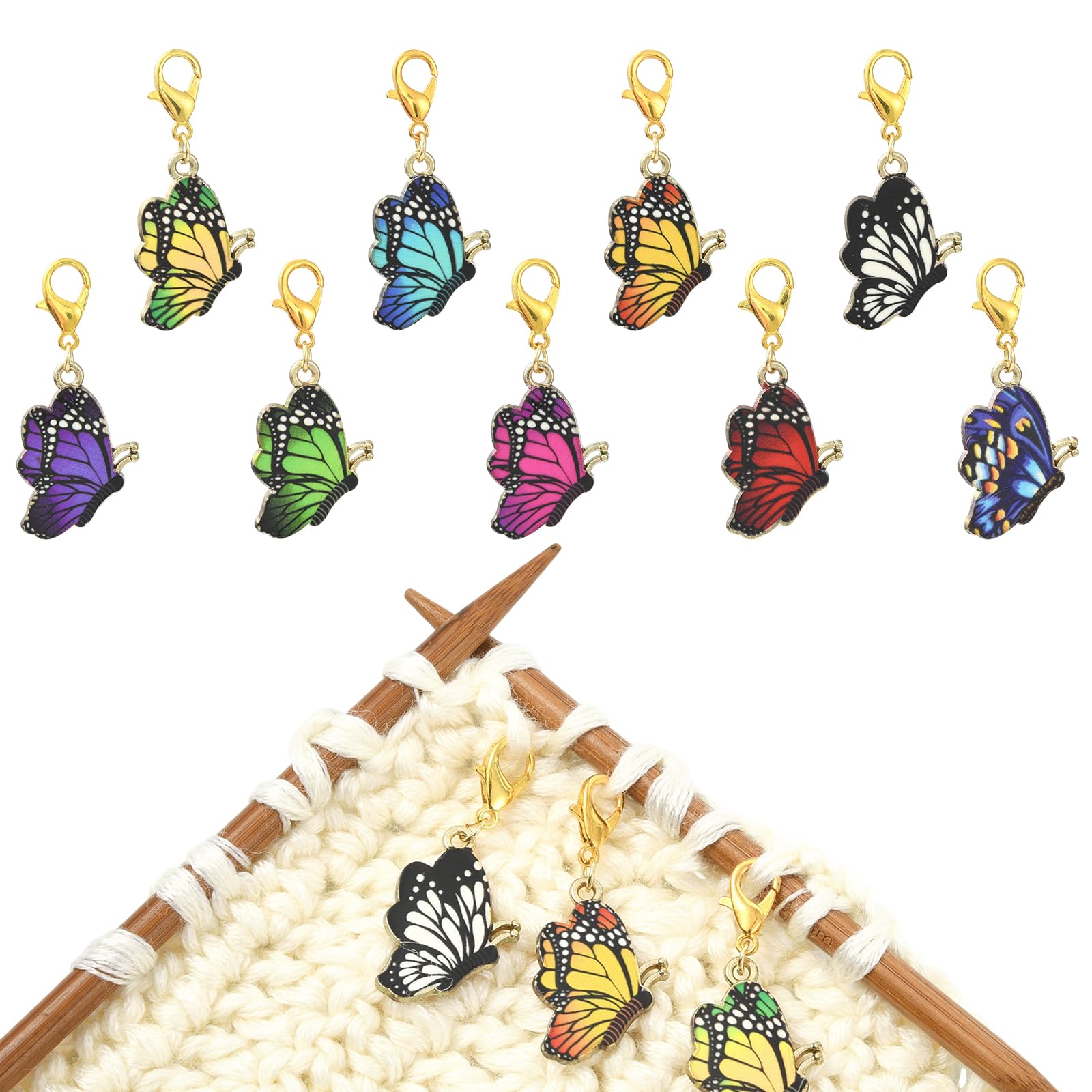 COGCHARGER 18Pcs 9Styles Butterfly Stitch Markers for Knitting Alloy Enamel Removable Crochet Knitting Markers with Lobster Clasp Charms for Sewing Weaving Accessories DIY Craft
