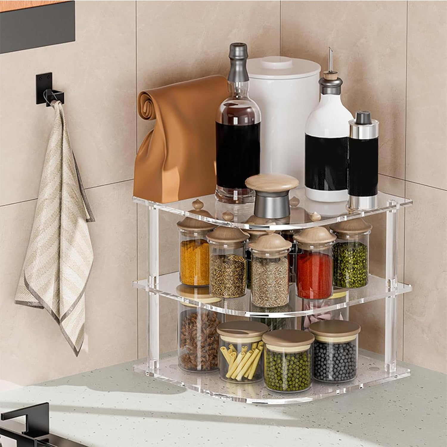 Plate Organizer Rack - Clear Acrylic Corner Rack, 3 Tier Corner Shelf, Dish Organizer for Nightstand, Bathroom Tabletop Freezer, Dresser Bar Closet Counter, Durable Material Construction, Easy Use Kit