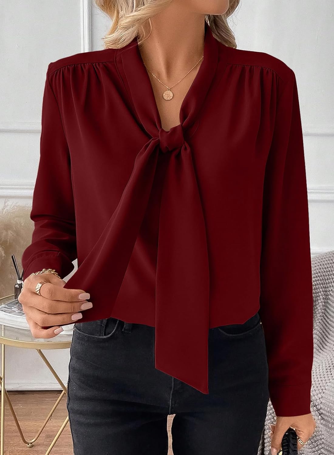 Astylish Womens Dressy Casual Blouses Bow Tie Neck Long Sleeve Elegant Business Work Shirt Tops - Image 4
