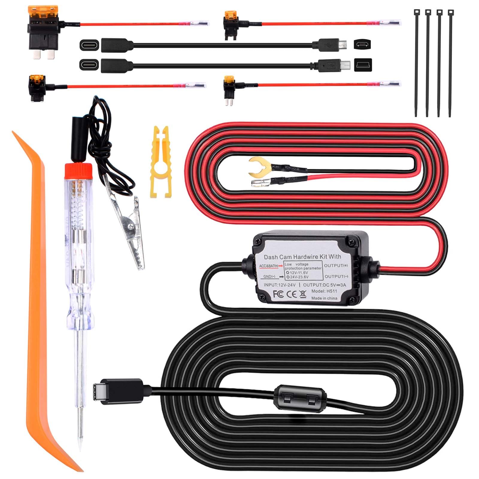 13ft Type-C USB Hardwire Kit 12V-24V to 5V 3A Low Voltage Protection Dash Cam Charger Power Cord for Car Dashcam, GPS, Radar Detector