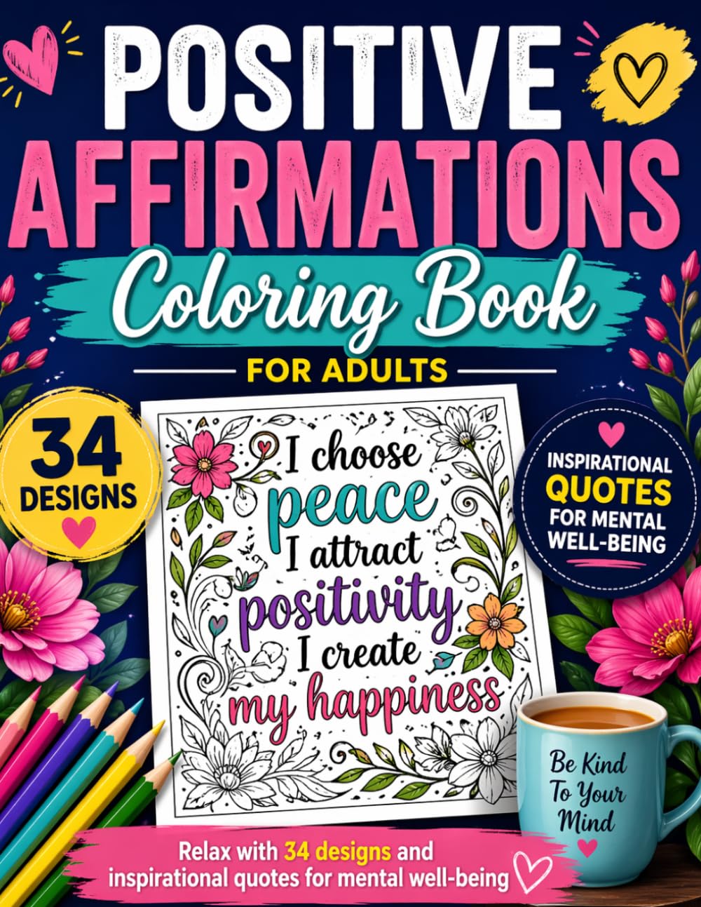 Positive Affirmations Coloring Book for Adults: Relax with 34 designs and inspirational quotes for mental well-being