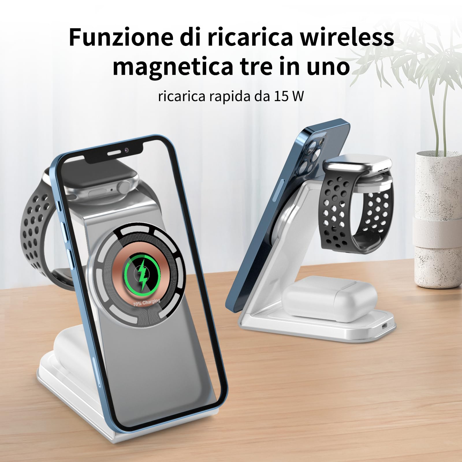 Oramkyo Caricatore Wireless Stazione, Caricatore wireless 3 in 1, 15W Ricarica Wireless Charger Stand per iPhon serie 15/14/13/12, Serie iWath, Airpod 3/2/Pro(20W Adattatore)