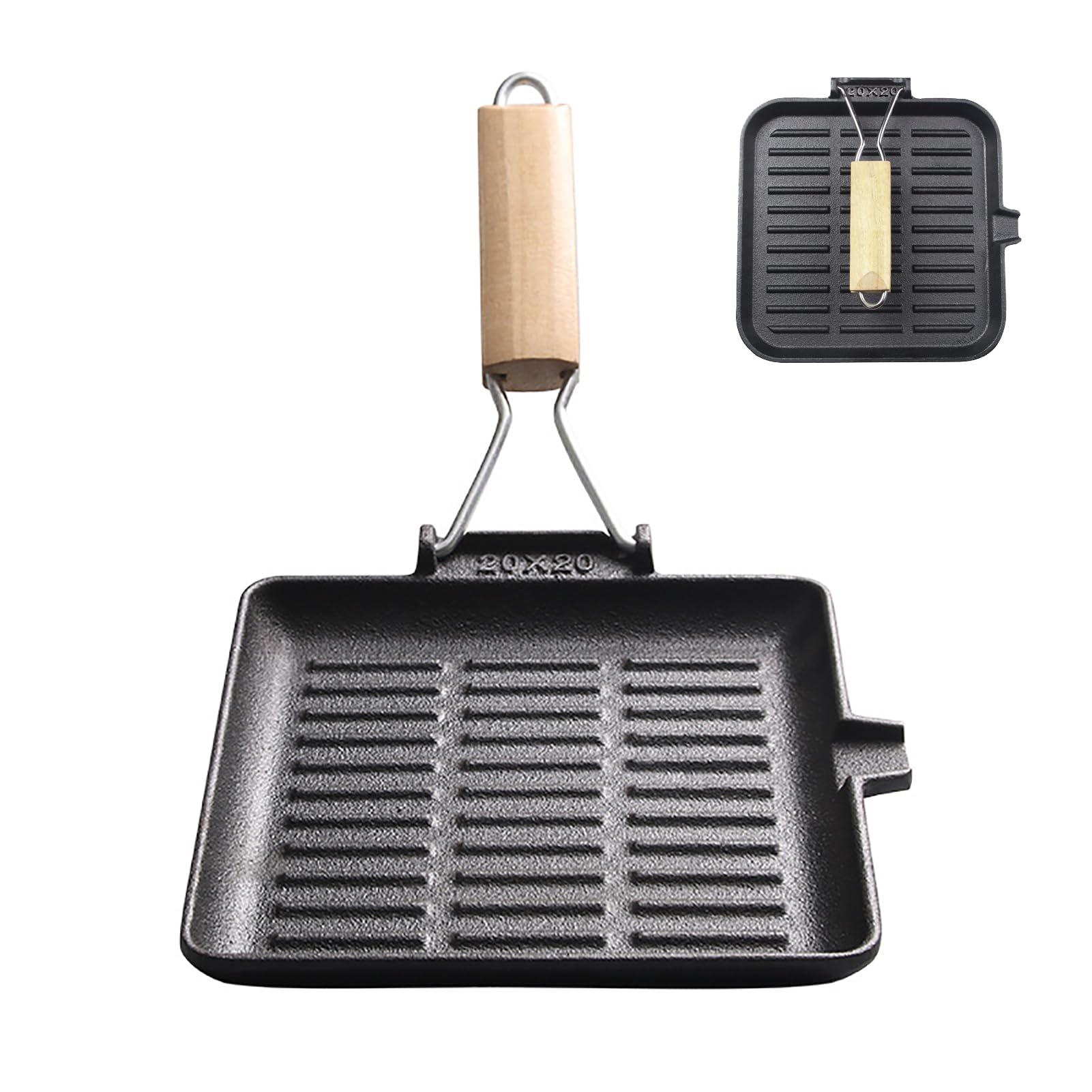 LIYGAOF Steakpfanne Gusseisen Grillpfanne Klappbarer Holzgriff: 20×20cm Grill Pan Induktion Viereckige Pfanne für Alle Herdarten Leicht zu Reinigen