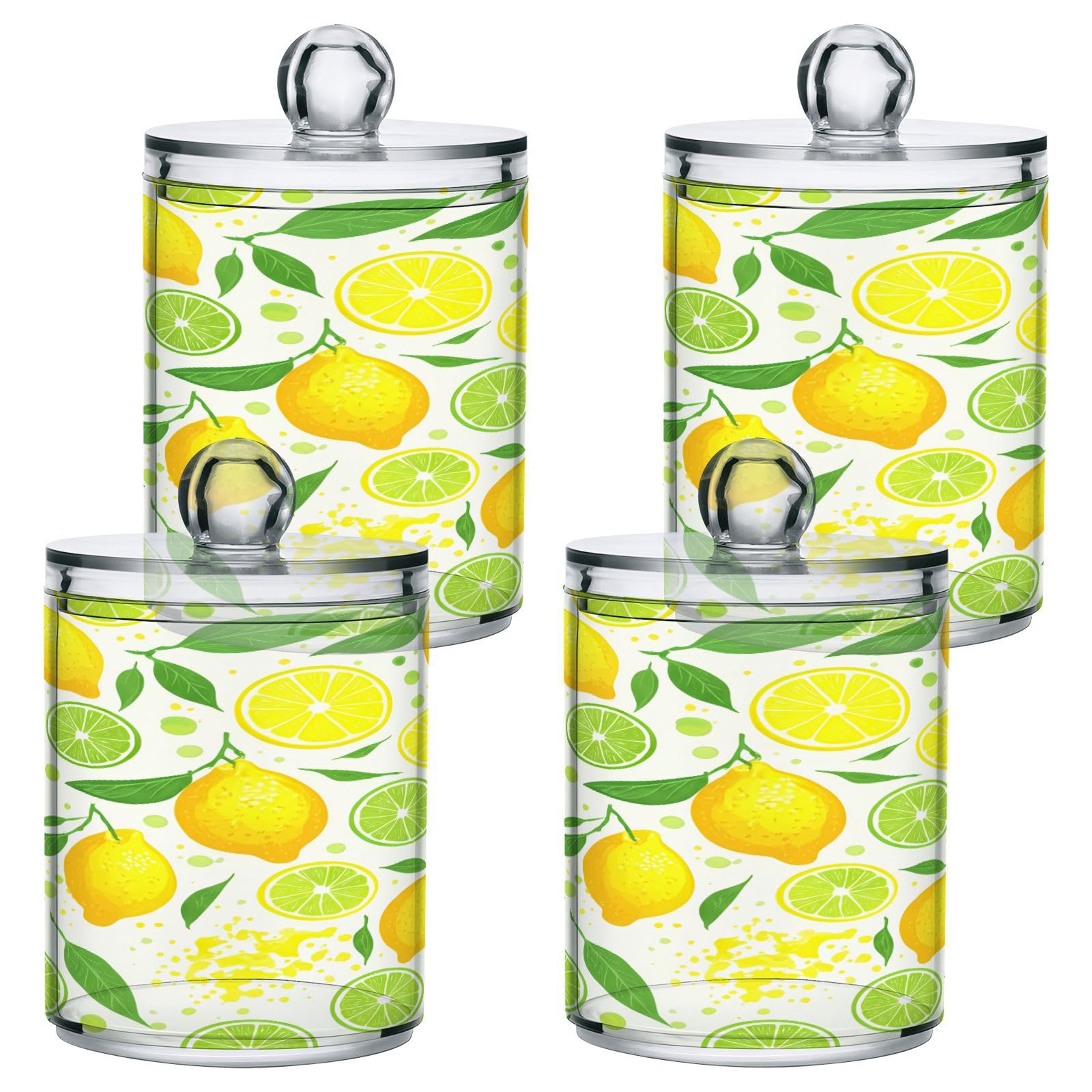 Haskirky 2 Pack Yellow Lemons Qtip Holder Dispenser,Clear Plastic Apothecary Jars with Lids Home Decor Kitchen Storage Jar for Cotton Ball, Cotton Swab,Floss,10 OZ