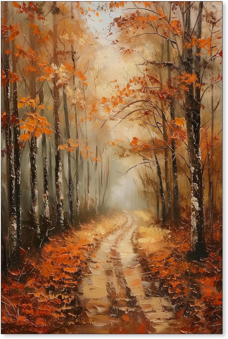 Jefuzh Pintura rústica de otoño vintage, arte de pared, pósteres de paisaje de otoño, pintura al óleo retro Cottagecore, impresiones en lienzo para
