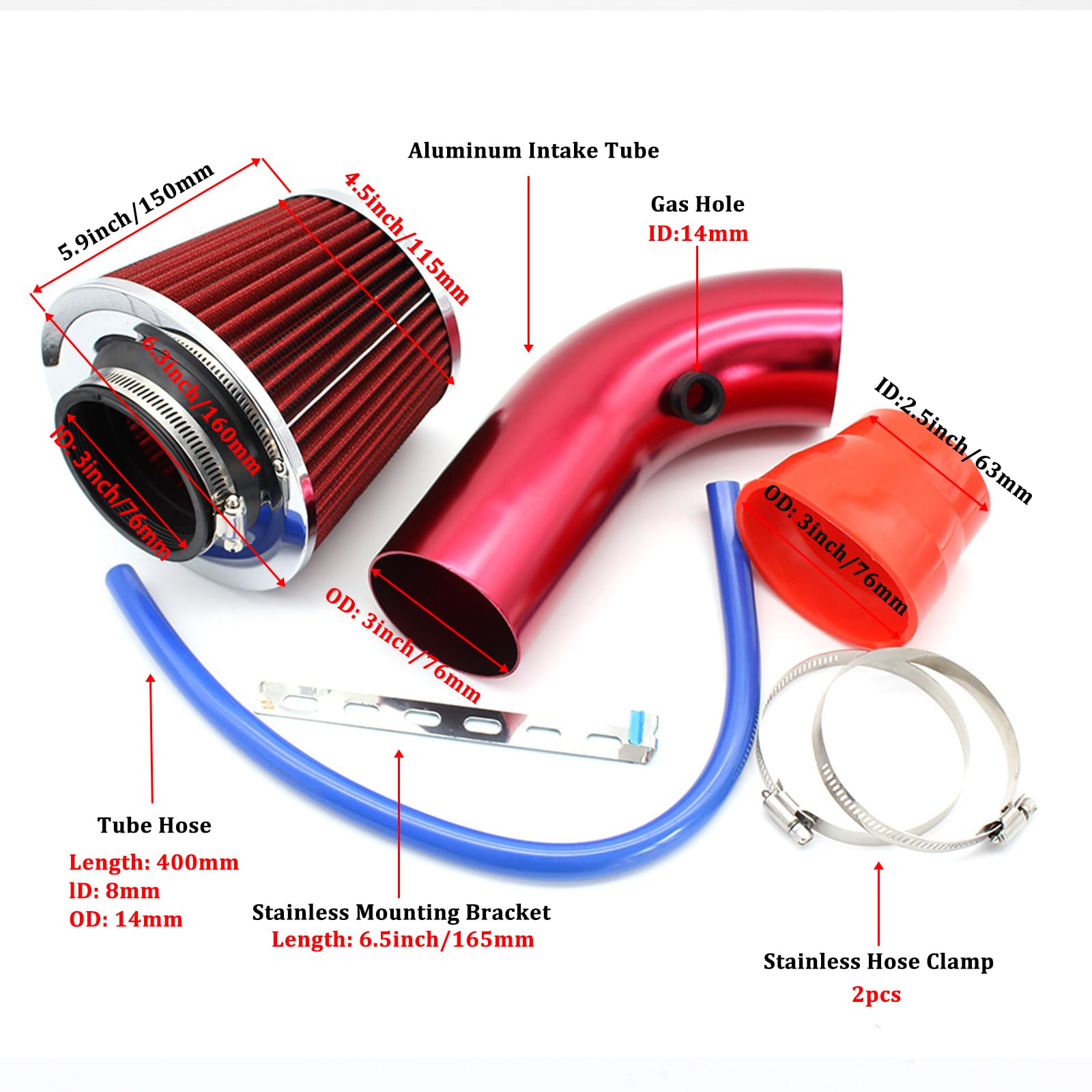Kit di filtri d'induzione 76 mm, filtro a cono universale in alluminio, tubo di aspirazione per motori auto, rosso