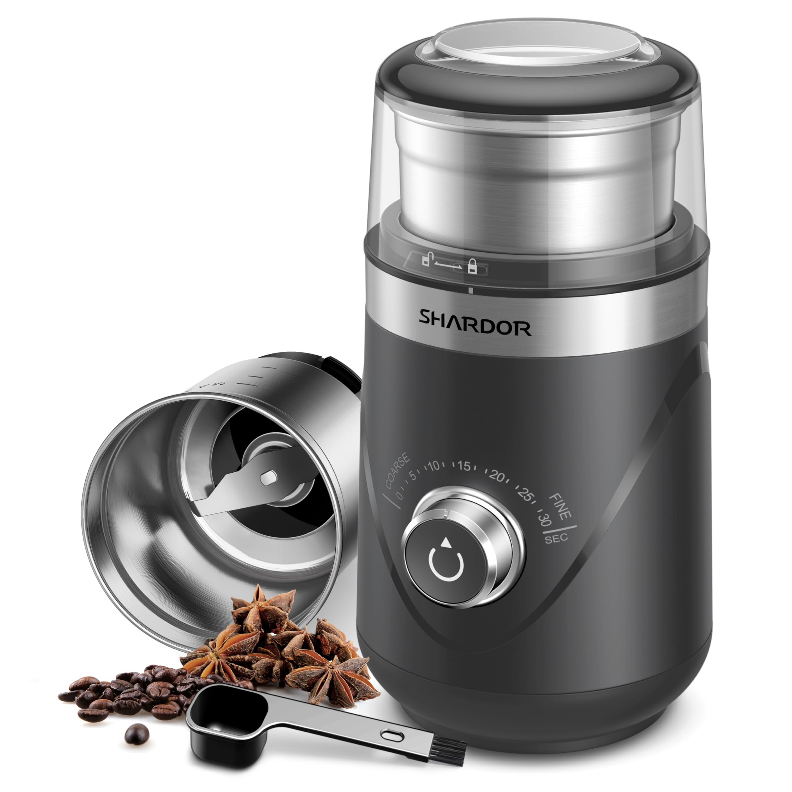 SHARDOR Electric Super Silent Blade Coffee Grinder, Timed Grind Control Rotary Knob, Adjustable Coarse to Fine for Coffee Beans, Spices &amp; Herbs, with 1 Removable Stainless Steel Bowl, Light Gray