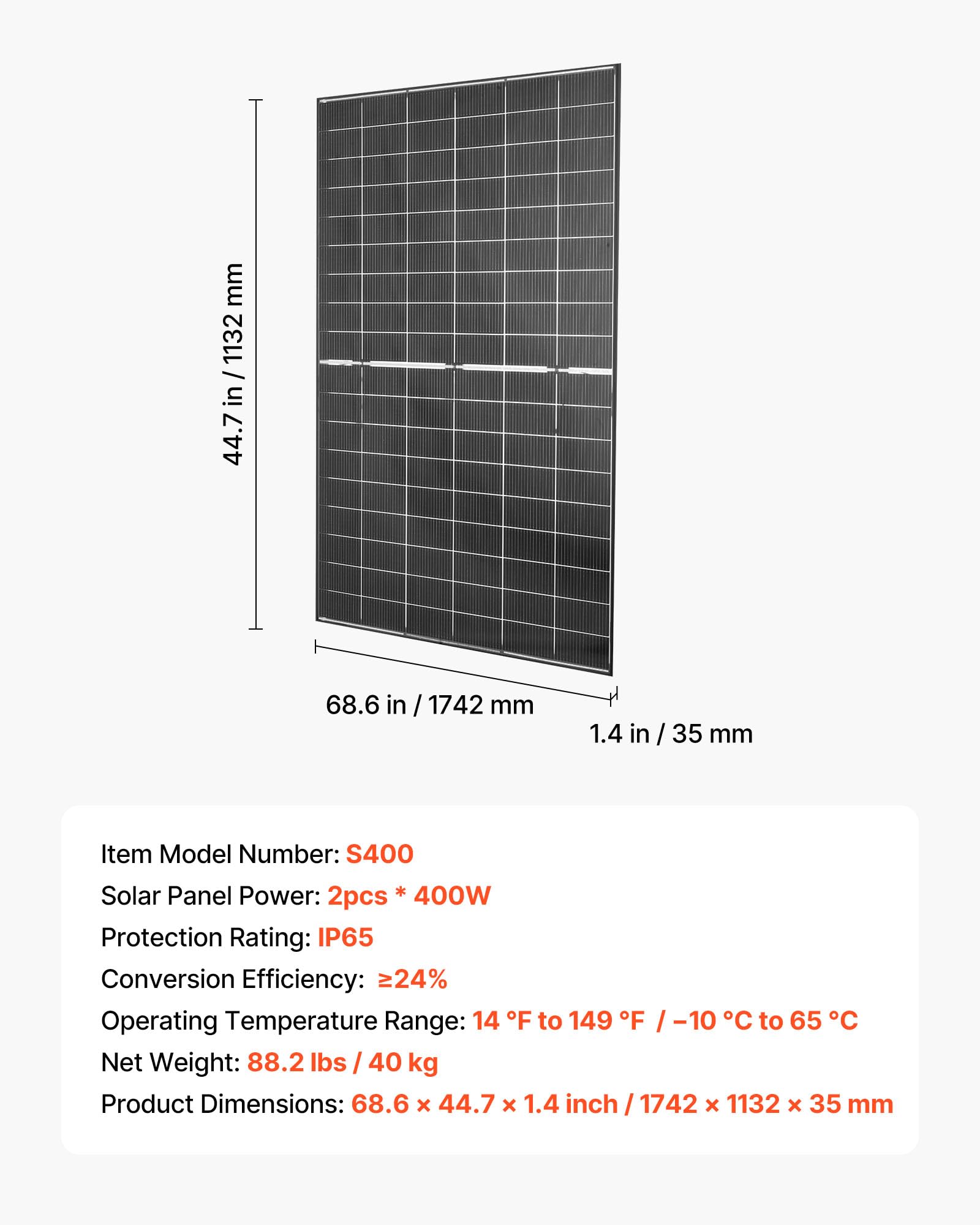 VEVOR Panel Solar 400W 2 Piezas, Módulo Solar Monocristalino Bifacial, Marco de Aluminio y Salida MC4, Eficiencia hasta 24%, IP65 Impermeable, para Autocaravanas Barcos Balcón Sistema fuera de la Red