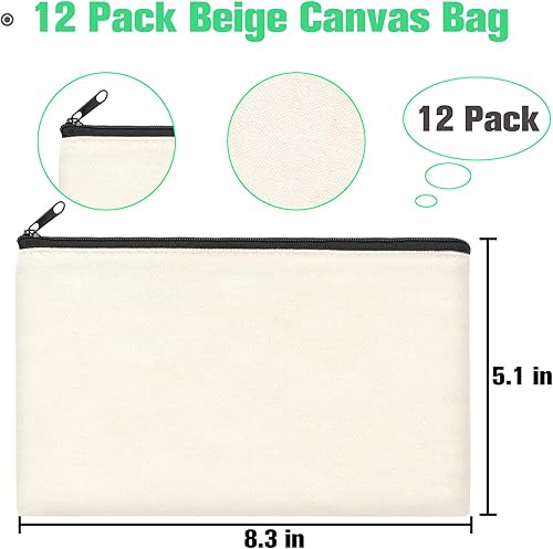 Vista 8 de ZeeDix Bolsa de lona, bolsa de cosméticos multiusos con cremallera, bolsa de lona con cremallera para manualidades, bolsas de maquillaje en blanco